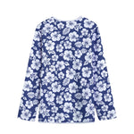 White Blue Hibiscus Floral Pattern Print Long Sleeve Short Coat
