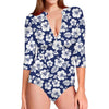 White Blue Hibiscus Floral Pattern Print Long Sleeve Swimsuit