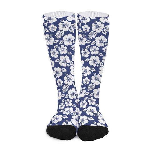 White Blue Hibiscus Floral Pattern Print Long Socks