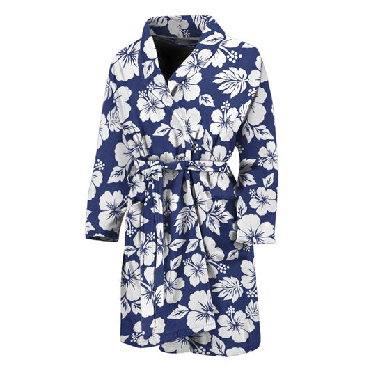 White Blue Hibiscus Floral Pattern Print Men's Bathrobe