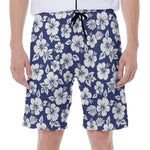 White Blue Hibiscus Floral Pattern Print Men's Beach Shorts