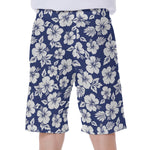 White Blue Hibiscus Floral Pattern Print Men's Beach Shorts