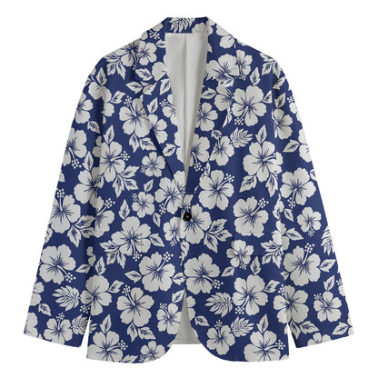 White Blue Hibiscus Floral Pattern Print Men's Blazer