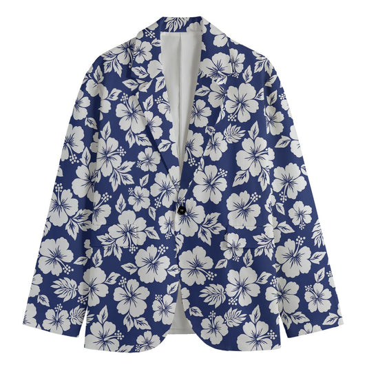White Blue Hibiscus Floral Pattern Print Men's Blazer