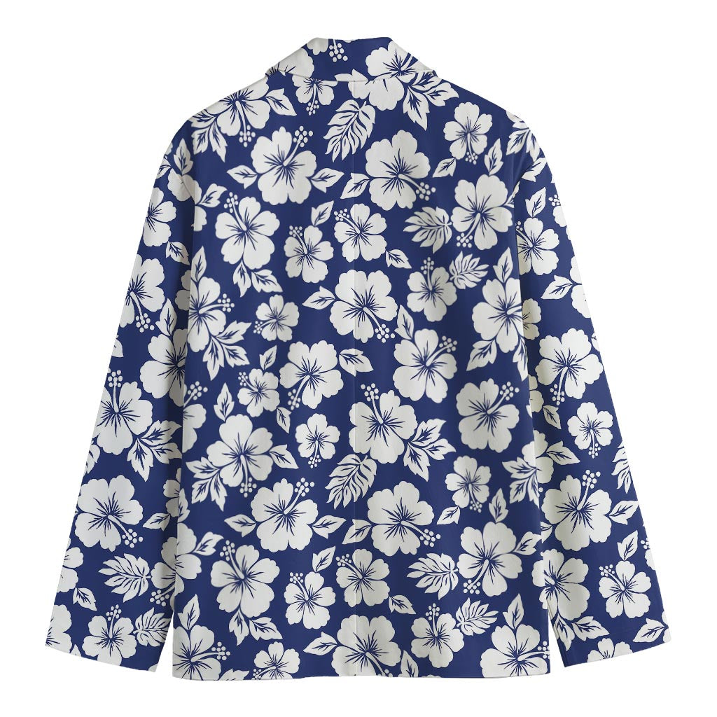 White Blue Hibiscus Floral Pattern Print Men's Blazer