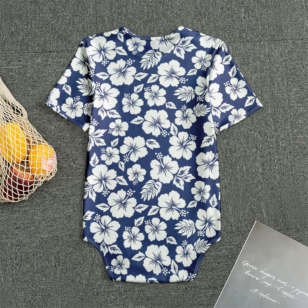 White Blue Hibiscus Floral Pattern Print Men's Bodysuit