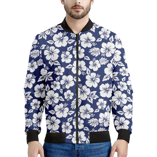 White Blue Hibiscus Floral Pattern Print Men's Bomber Jacket