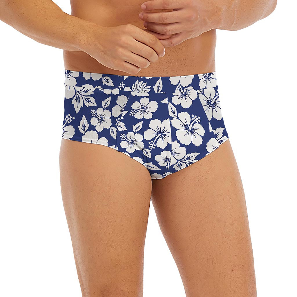 White Blue Hibiscus Floral Pattern Print Men's Briefs