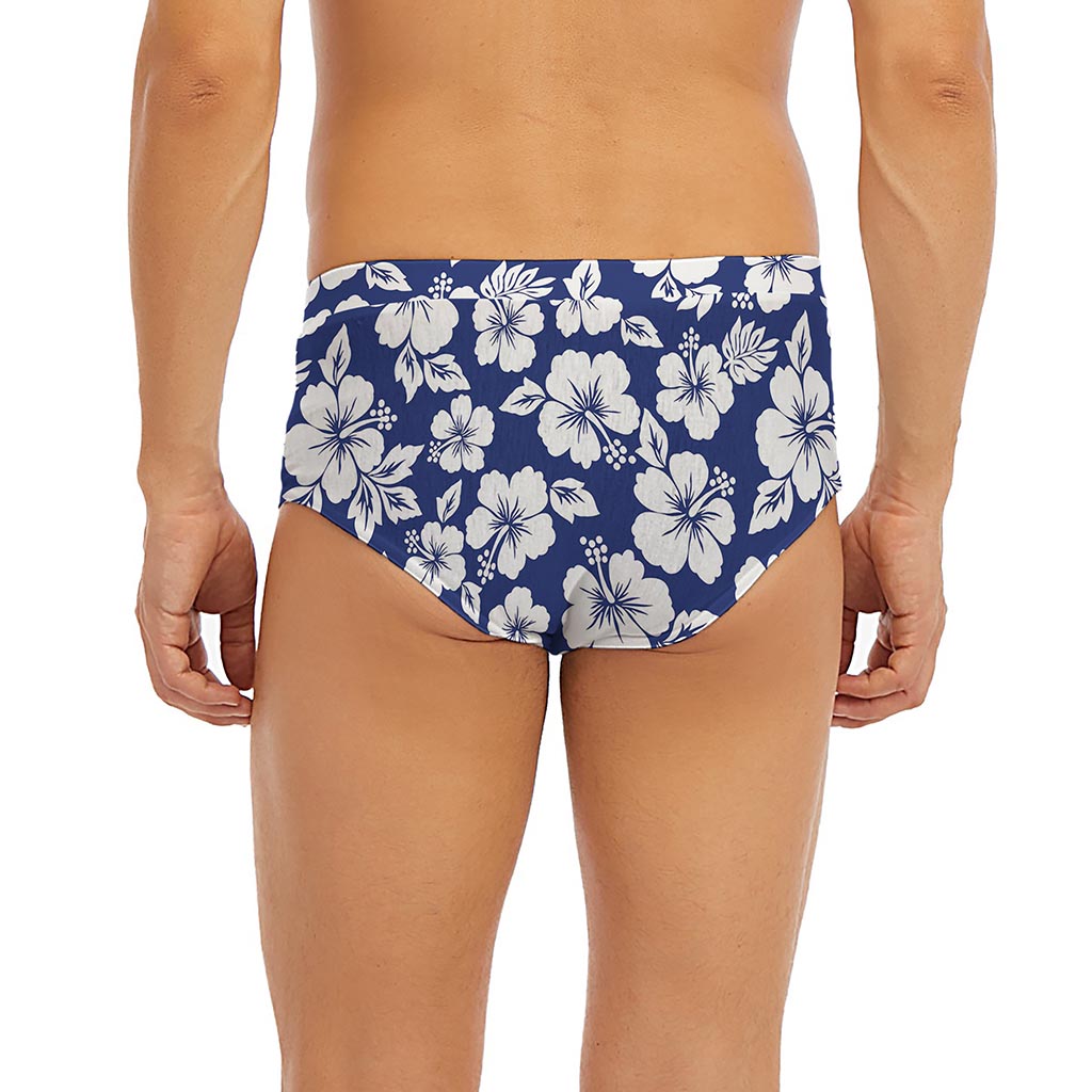 White Blue Hibiscus Floral Pattern Print Men's Briefs