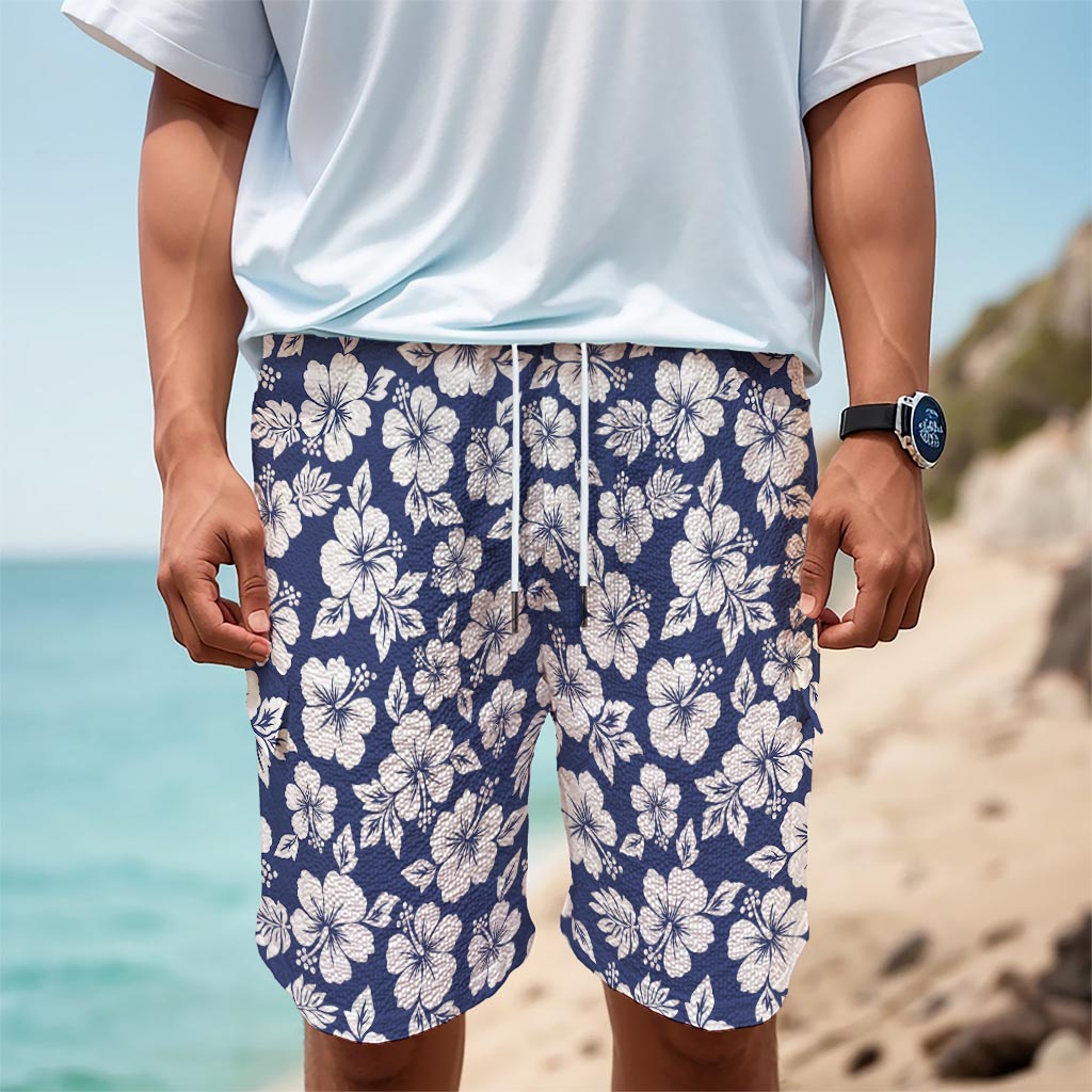 White Blue Hibiscus Floral Pattern Print Men's Cargo Shorts