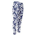 White Blue Hibiscus Floral Pattern Print Men's Compression Pants