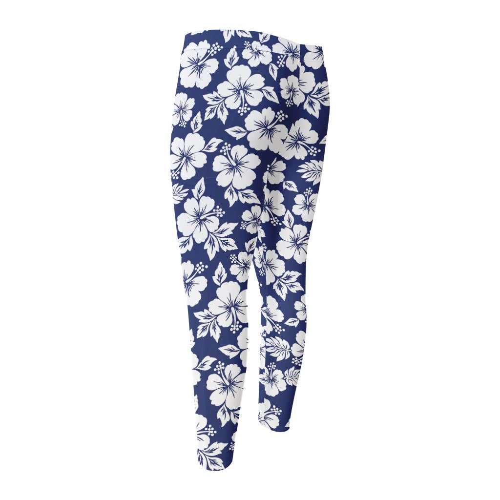 White Blue Hibiscus Floral Pattern Print Men's Compression Pants