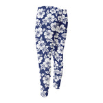 White Blue Hibiscus Floral Pattern Print Men's Compression Pants