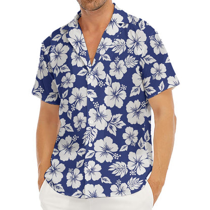White Blue Hibiscus Floral Pattern Print Men's Deep V-Neck Shirt