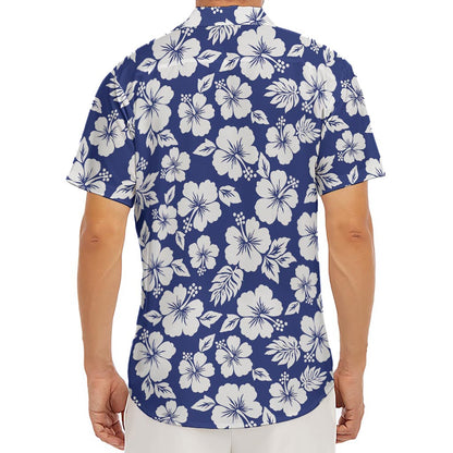 White Blue Hibiscus Floral Pattern Print Men's Deep V-Neck Shirt