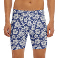 White Blue Hibiscus Floral Pattern Print Men's Long Boxer Briefs