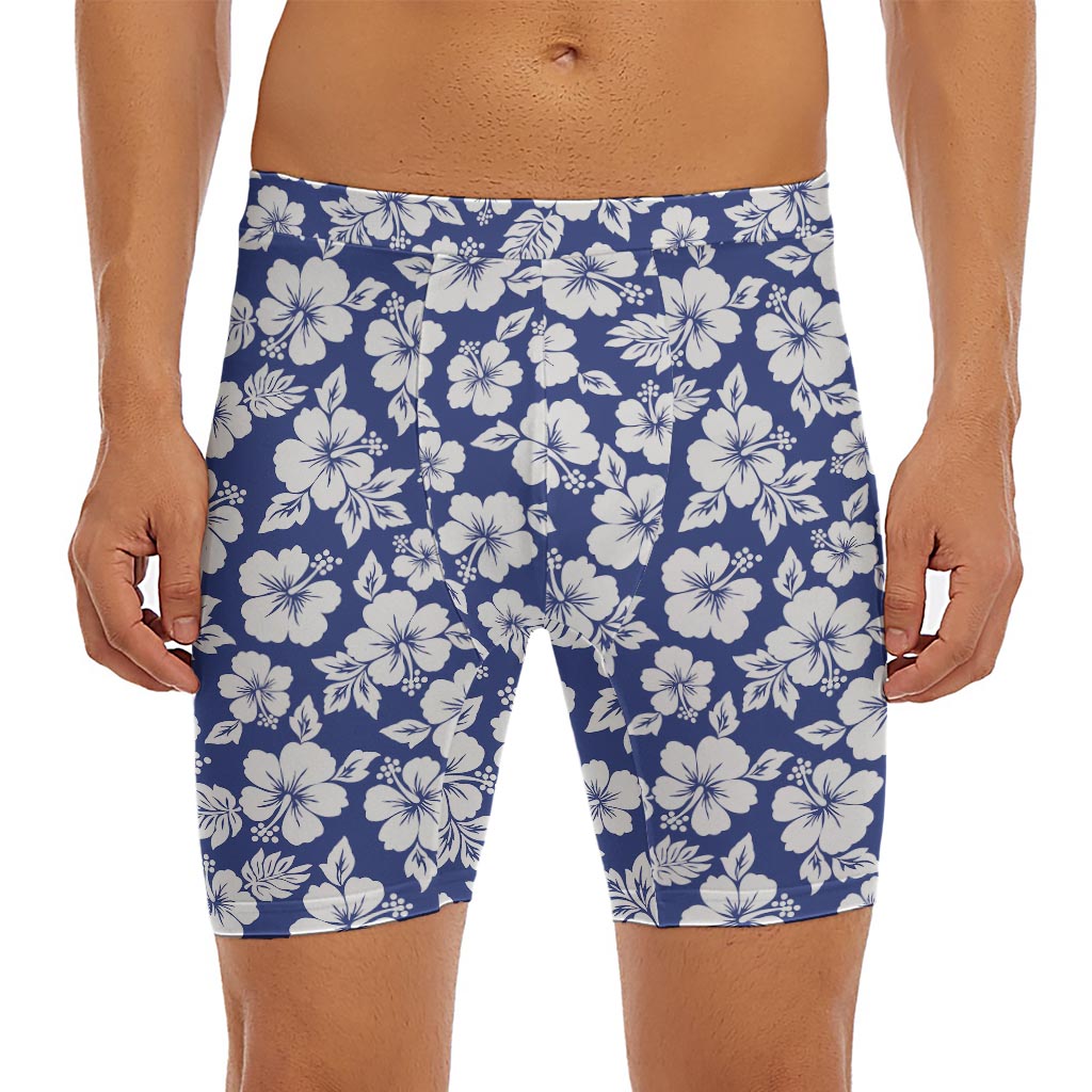 White Blue Hibiscus Floral Pattern Print Men's Long Boxer Briefs