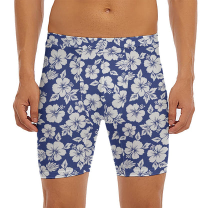 White Blue Hibiscus Floral Pattern Print Men's Long Boxer Briefs