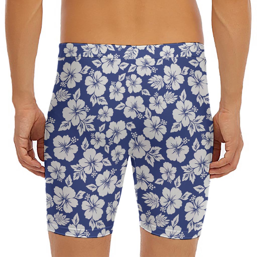 White Blue Hibiscus Floral Pattern Print Men's Long Boxer Briefs