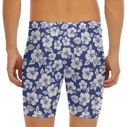 White Blue Hibiscus Floral Pattern Print Men's Long Boxer Briefs