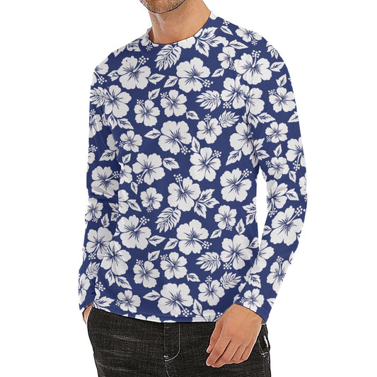 White Blue Hibiscus Floral Pattern Print Men's Long Sleeve Rash Guard