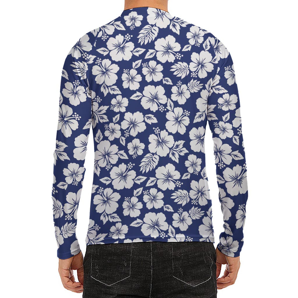 White Blue Hibiscus Floral Pattern Print Men's Long Sleeve Rash Guard