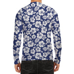 White Blue Hibiscus Floral Pattern Print Men's Long Sleeve Rash Guard
