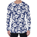 White Blue Hibiscus Floral Pattern Print Men's Long Sleeve T-Shirt