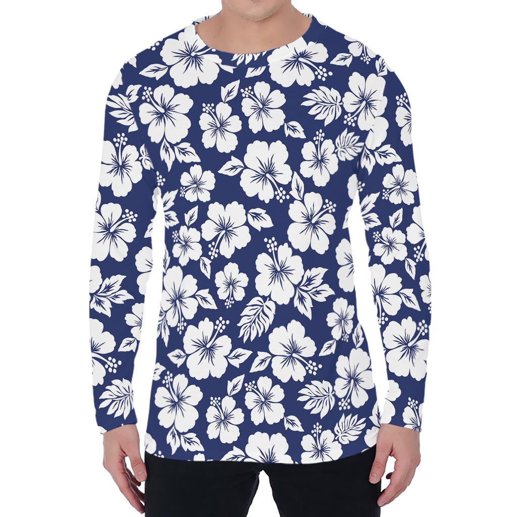 White Blue Hibiscus Floral Pattern Print Men's Long Sleeve T-Shirt
