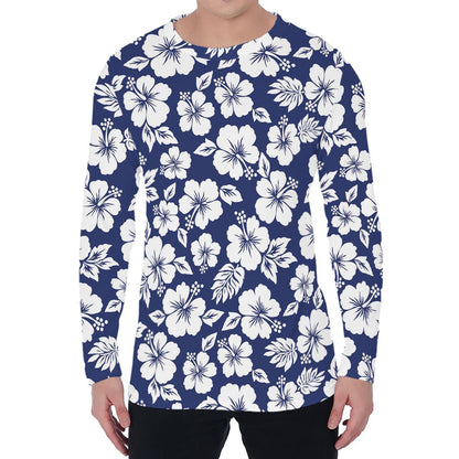 White Blue Hibiscus Floral Pattern Print Men's Long Sleeve T-Shirt