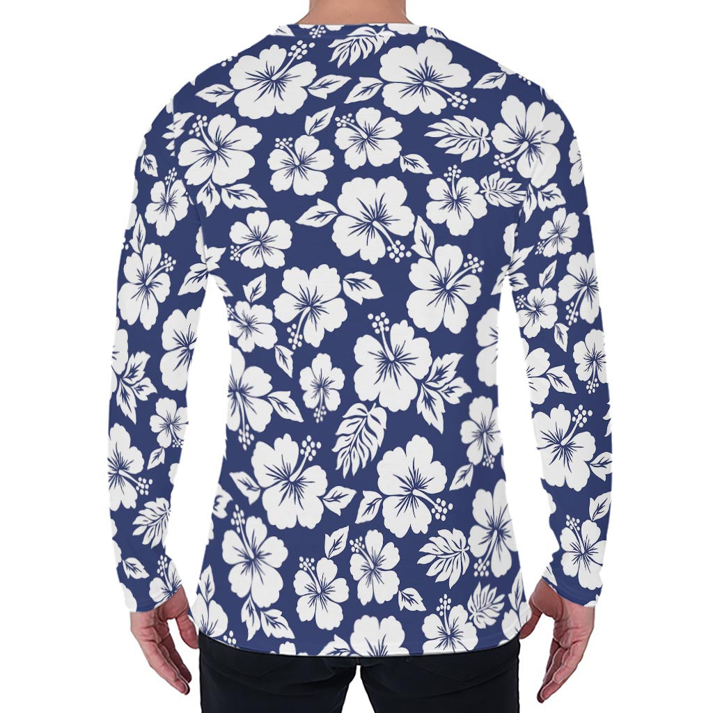 White Blue Hibiscus Floral Pattern Print Men's Long Sleeve T-Shirt
