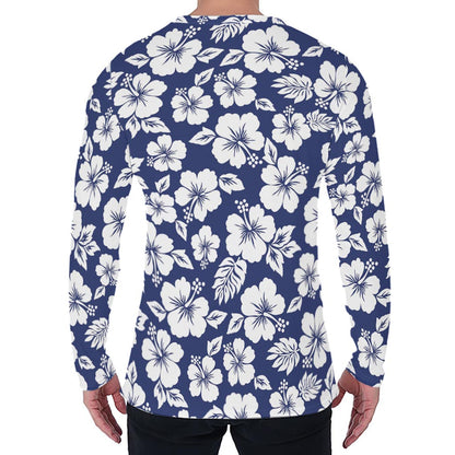 White Blue Hibiscus Floral Pattern Print Men's Long Sleeve T-Shirt