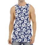 White Blue Hibiscus Floral Pattern Print Men's Muscle Tank Top