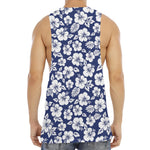 White Blue Hibiscus Floral Pattern Print Men's Muscle Tank Top