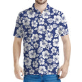 White Blue Hibiscus Floral Pattern Print Men's Polo Shirt