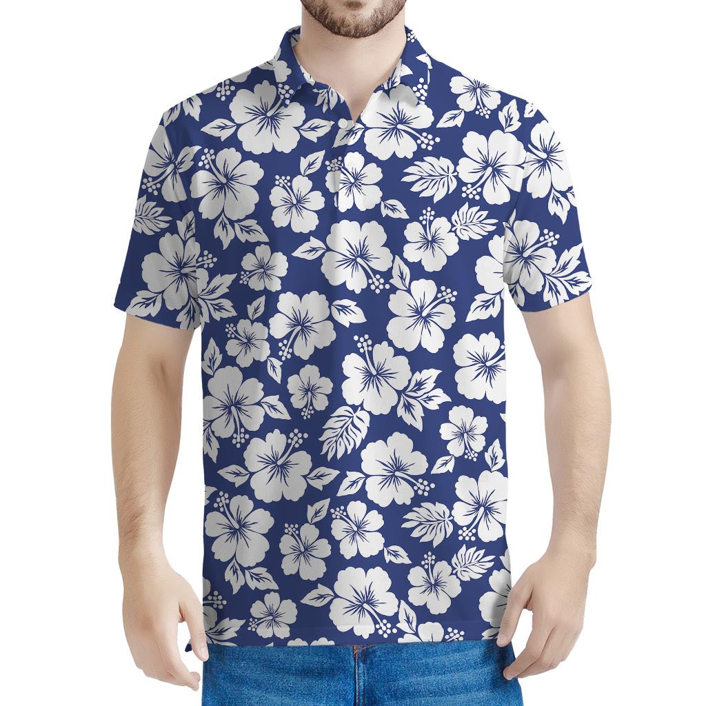 White Blue Hibiscus Floral Pattern Print Men's Polo Shirt