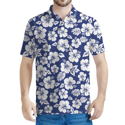 White Blue Hibiscus Floral Pattern Print Men's Polo Shirt