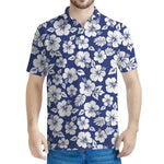 White Blue Hibiscus Floral Pattern Print Men's Polo Shirt
