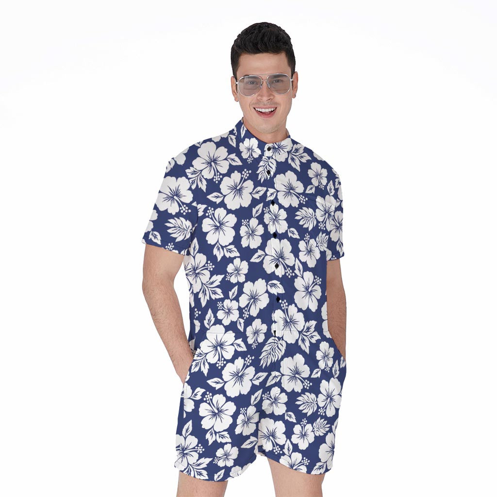 White Blue Hibiscus Floral Pattern Print Men's Rompers