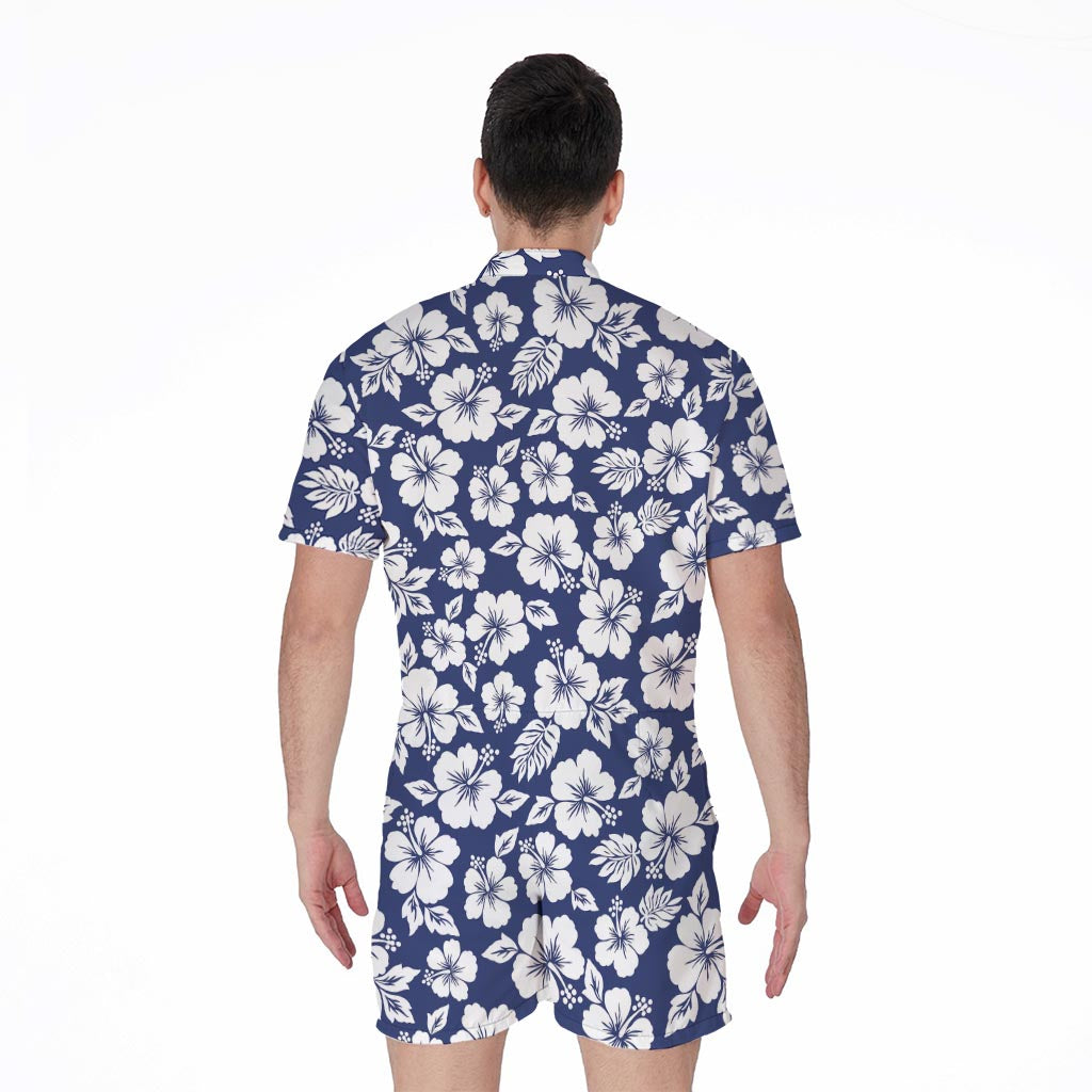 White Blue Hibiscus Floral Pattern Print Men's Rompers