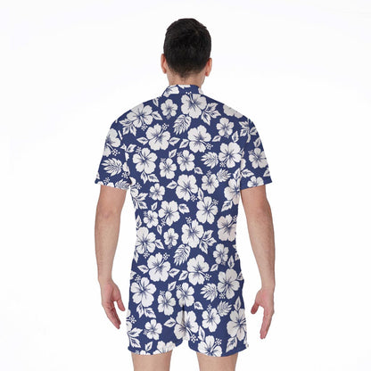 White Blue Hibiscus Floral Pattern Print Men's Rompers