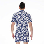White Blue Hibiscus Floral Pattern Print Men's Rompers