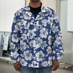 White Blue Hibiscus Floral Pattern Print Men's Shirt Jacket