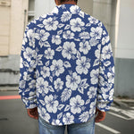 White Blue Hibiscus Floral Pattern Print Men's Shirt Jacket