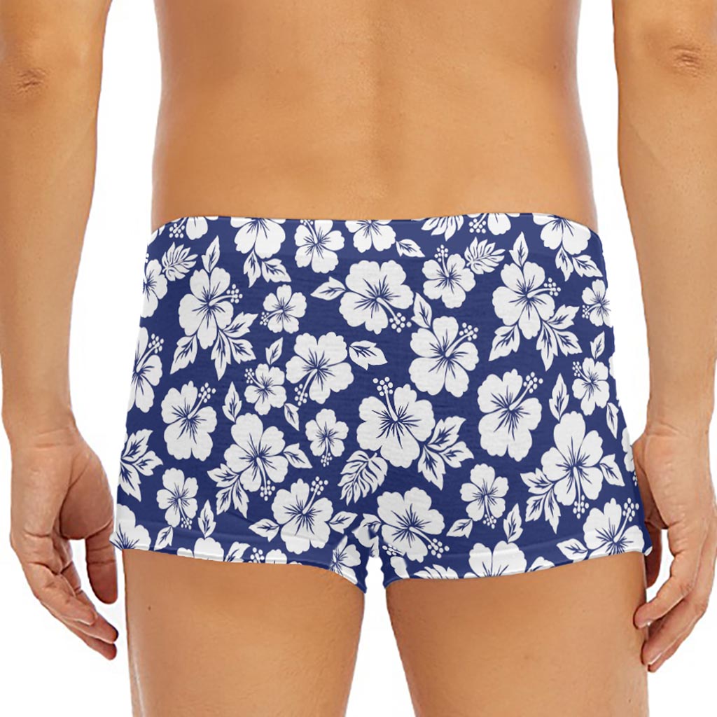 White Blue Hibiscus Floral Pattern Print Men's Short Boxer Briefs