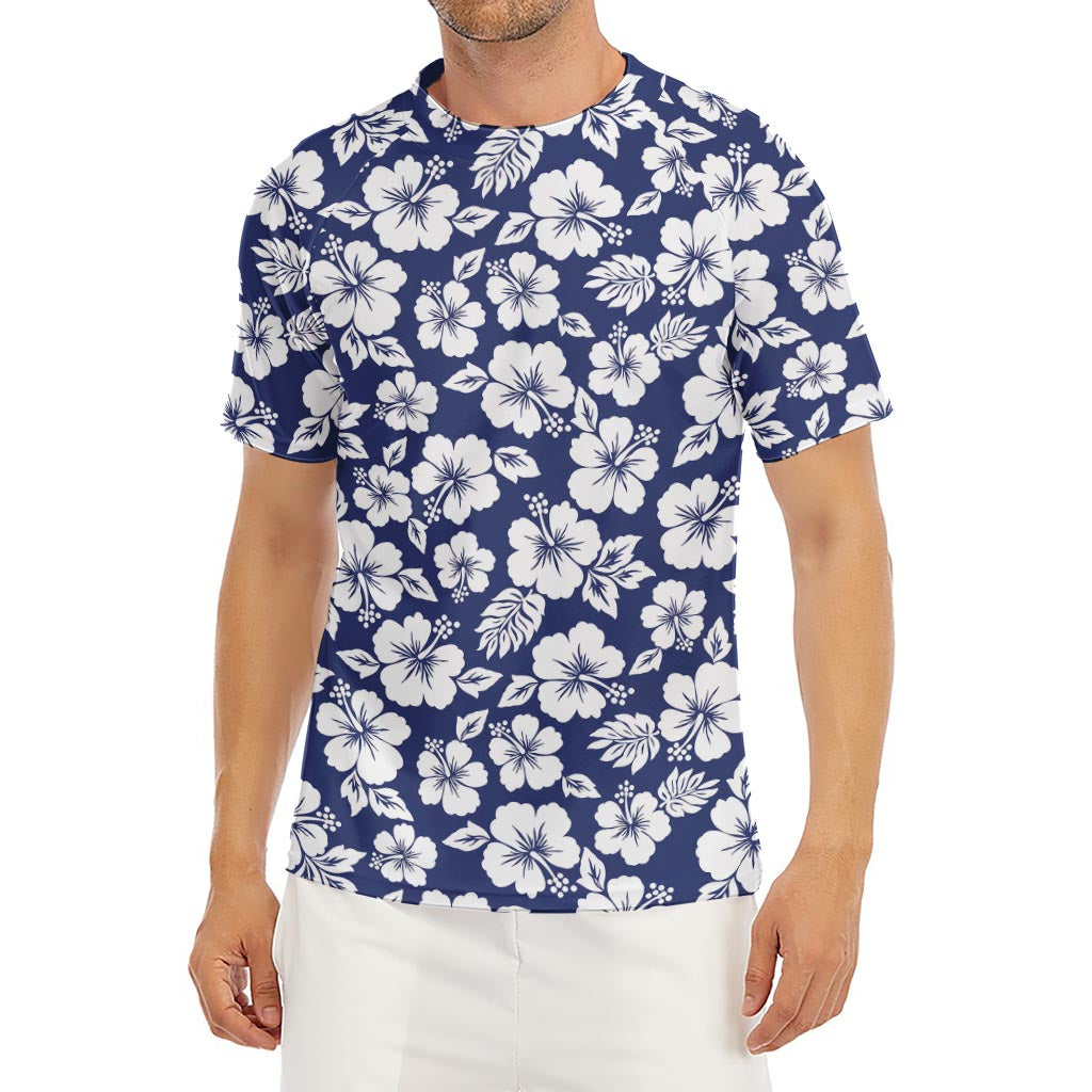 White Blue Hibiscus Floral Pattern Print Men's Short Sleeve Rash Guard