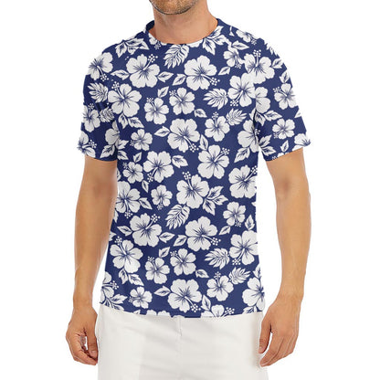 White Blue Hibiscus Floral Pattern Print Men's Short Sleeve Rash Guard