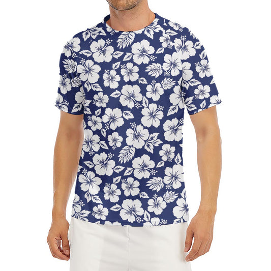 White Blue Hibiscus Floral Pattern Print Men's Short Sleeve Rash Guard