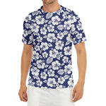 White Blue Hibiscus Floral Pattern Print Men's Short Sleeve Rash Guard