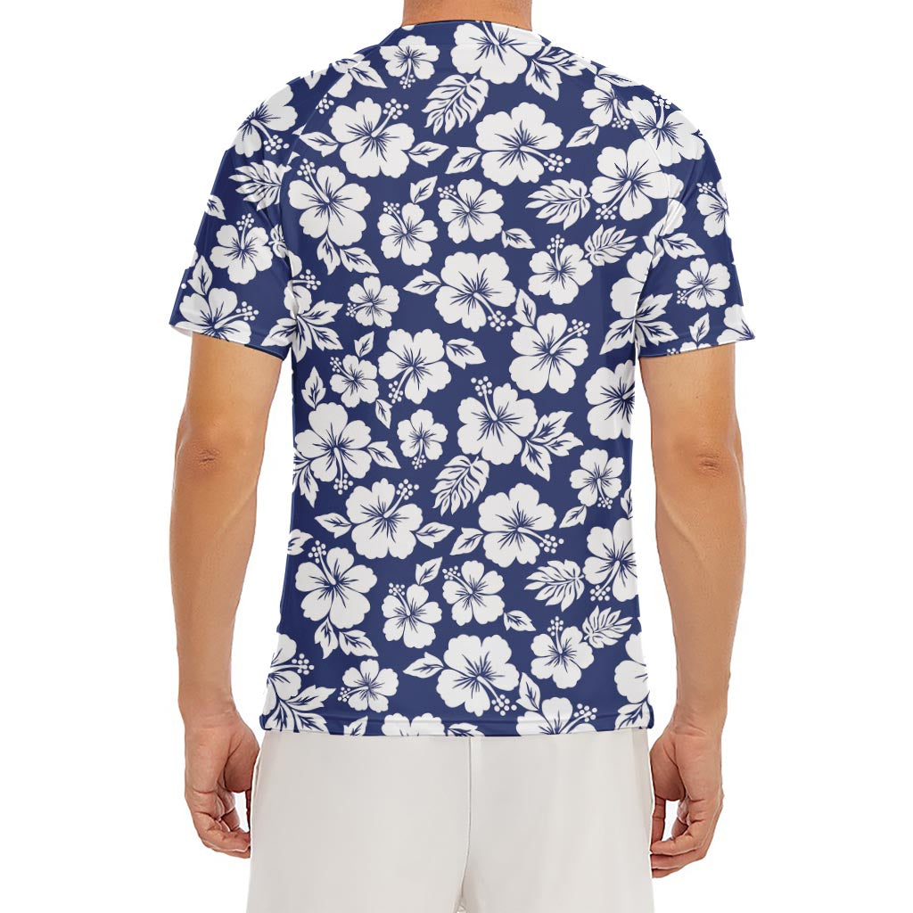 White Blue Hibiscus Floral Pattern Print Men's Short Sleeve Rash Guard